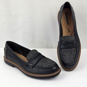 Clarks Raisie Eletta Penny Loafers Black & Gray Leather & Tweed 7.5